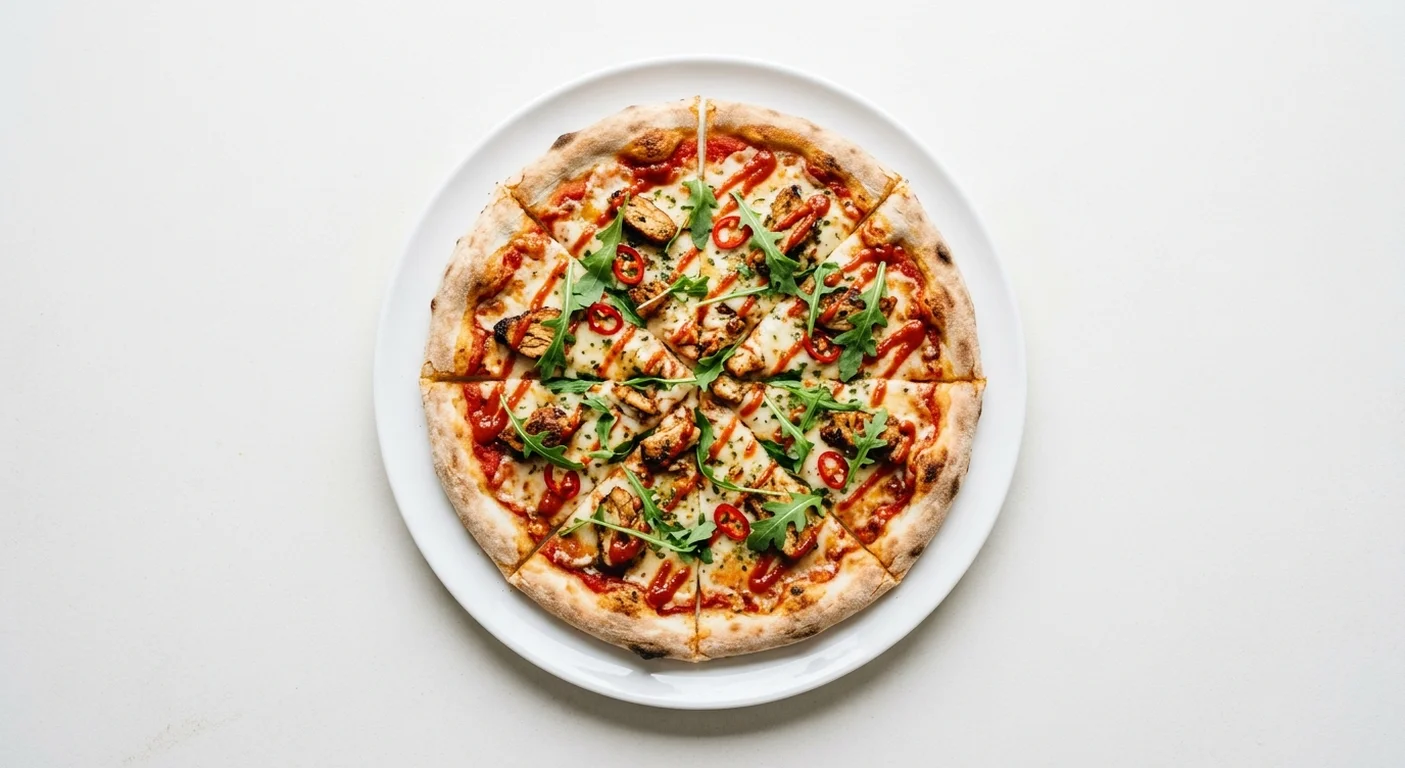 Wetherspoon Spicy Chicken Pizza (8"), sliced spicy chicken pizza with chilli sauce and rocket on a white plate, nutrition and calories