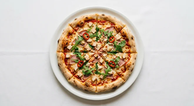 Wetherspoon Spicy Meat Feast Pizza (11"), sliced spicy meat feast pizza with chicken, ham, chillies and rocket on a white plate, nutrition and calories