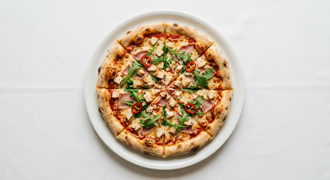 Wetherspoon Spicy Meat Feast Pizza (11"), sliced spicy meat feast pizza with chicken, ham, chillies and rocket on a white plate, nutrition and calories