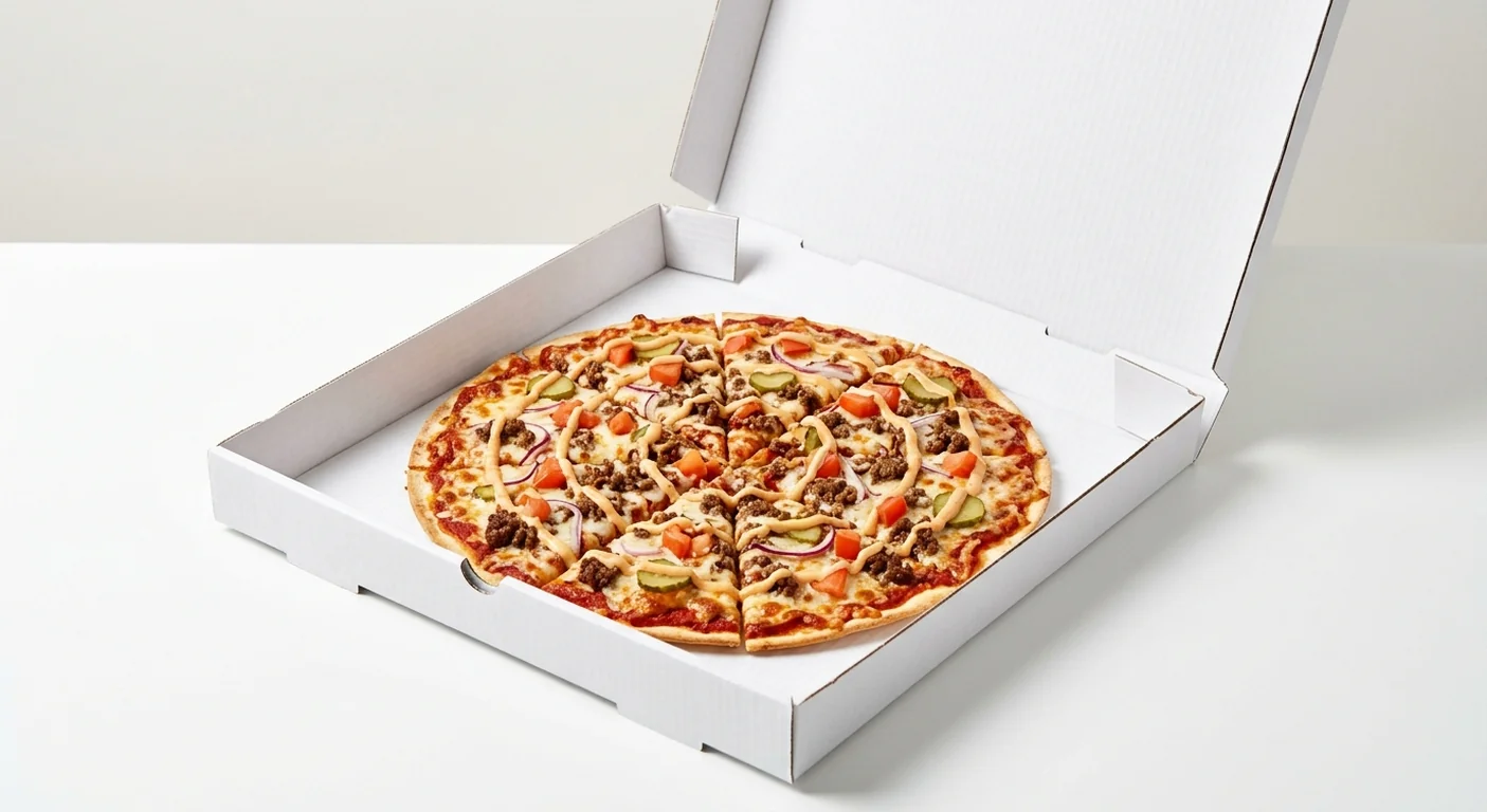 Domino's The Cheeseburger (Thin & Crispy), whole Thin & Crispy pizza with beef, red onion, tomato and gherkins in a takeaway pizza box, nutrition and calories