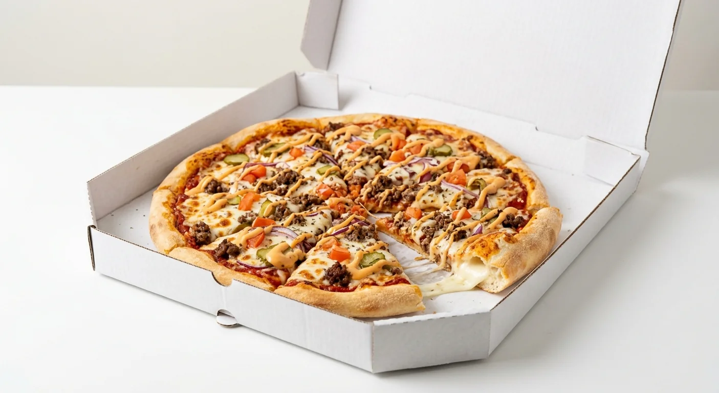 Domino's The Cheeseburger (Stuffed Crust), whole Stuffed Crust pizza with beef, red onion, tomato and gherkins in a takeaway pizza box, nutrition and calories