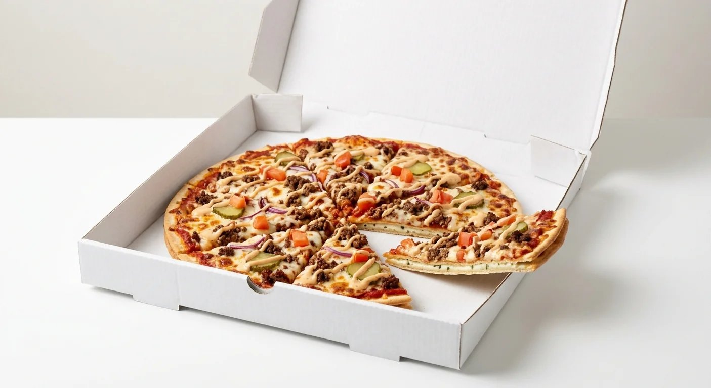 Domino's The Cheeseburger (Double Decadence), whole Double Decadence pizza with beef, red onion, tomato and gherkins in a takeaway pizza box, nutrition and calories