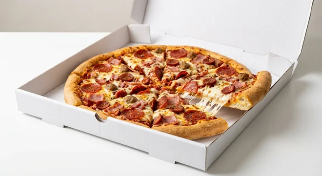 Domino's The Meatfielder (Stuffed Crust), whole Stuffed Crust pizza with pepperoni, chorizo, bacon, ham and meatballs in a takeaway pizza box, nutrition and calories