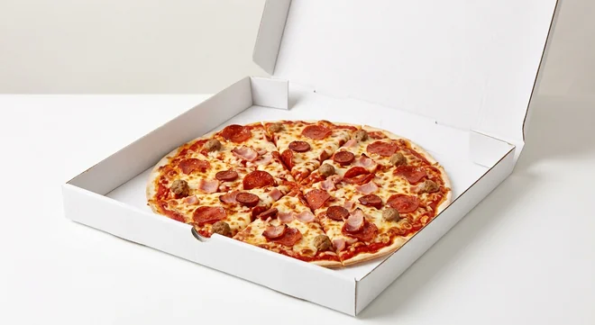 Domino's The Meatfielder (Thin & Crispy), whole Thin & Crispy pizza with pepperoni, chorizo, bacon, ham and meatballs in a takeaway pizza box, nutrition and calories