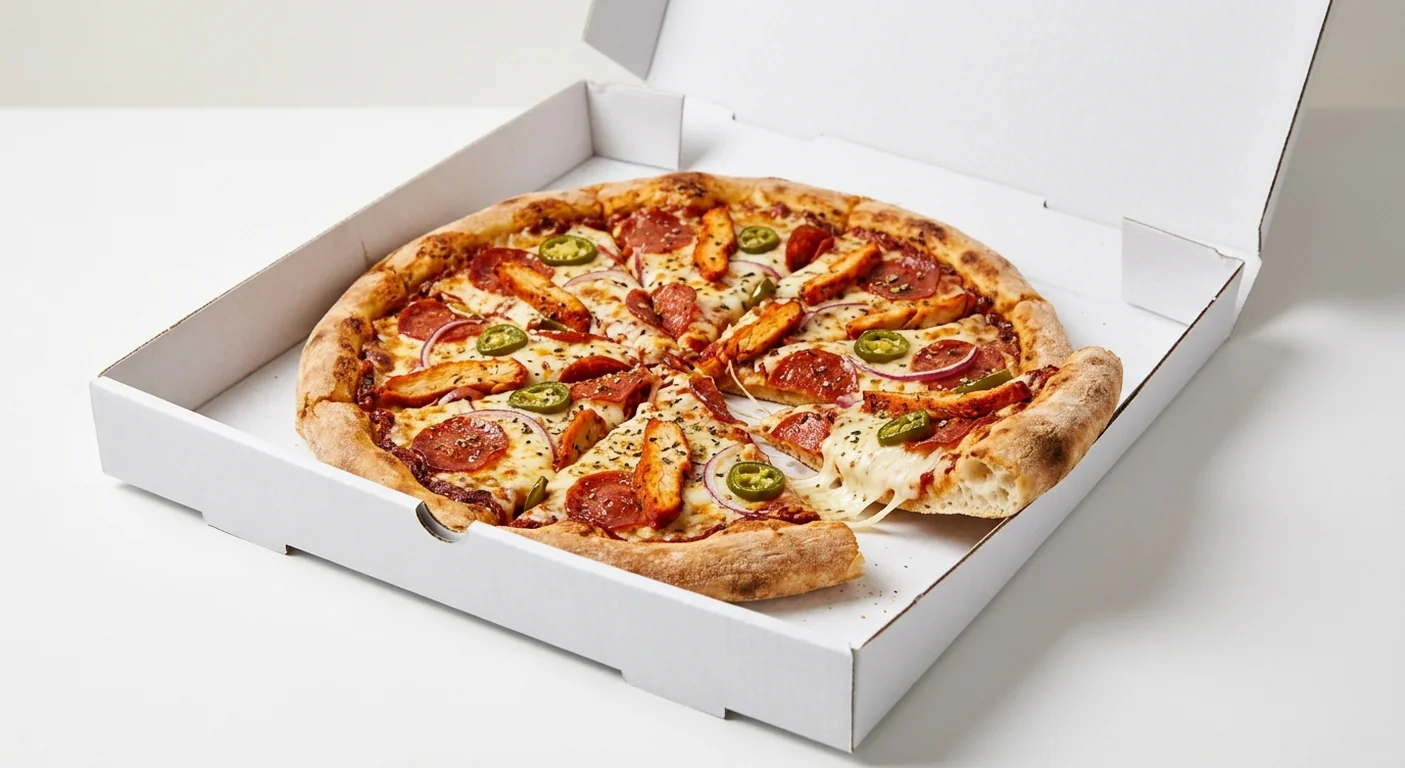 Domino's The Sizzler (Stuffed Crust), whole Stuffed Crust pizza with sun-dried tomato sauce, pepperoni, tandoori chicken and red onion in a takeaway pizza box, nutrition and calories