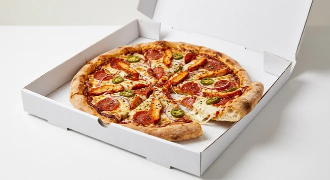 Domino's The Sizzler (Stuffed Crust), whole Stuffed Crust pizza with sun-dried tomato sauce, pepperoni, tandoori chicken and red onion in a takeaway pizza box, nutrition and calories