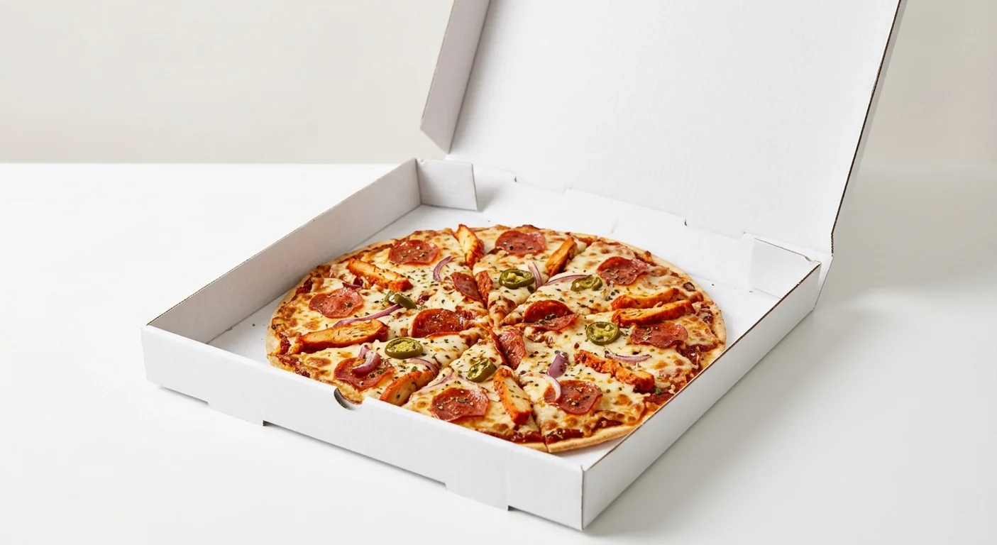 Domino's The Sizzler (Thin & Crispy), whole Thin & Crispy pizza with sun-dried tomato sauce, pepperoni, tandoori chicken and red onion in a takeaway pizza box, nutrition and calories