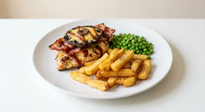 Wetherspoon BBQ Chicken Melt with Chips, grilled chicken breast topped with bacon, mushroom, cheddar and BBQ sauce, with chips and peas on a white plate, nutrition and calories