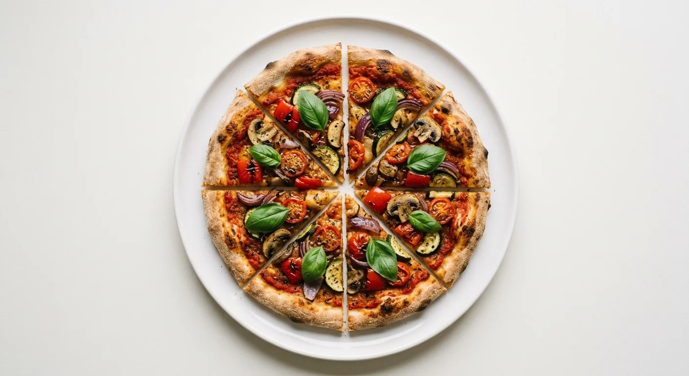 Wetherspoon Vegan Mediterranean Vegetable Pizza (11"), sliced vegan Mediterranean vegetable pizza with no cheese on a white plate, nutrition and calories