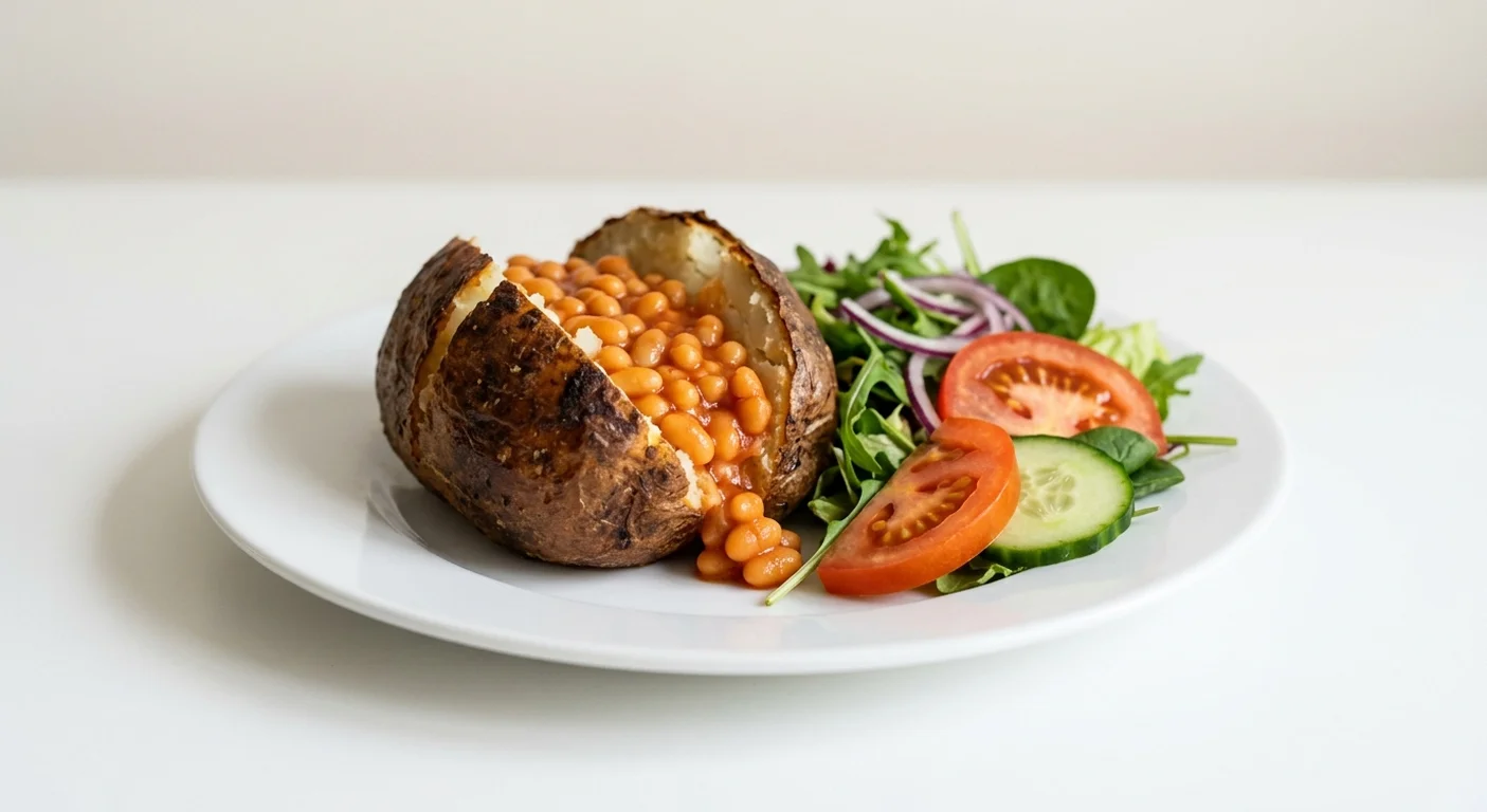 Wetherspoon Baked Beans Jacket Potato, jacket potato with baked beans, with a side salad on a white plate, nutrition and calories