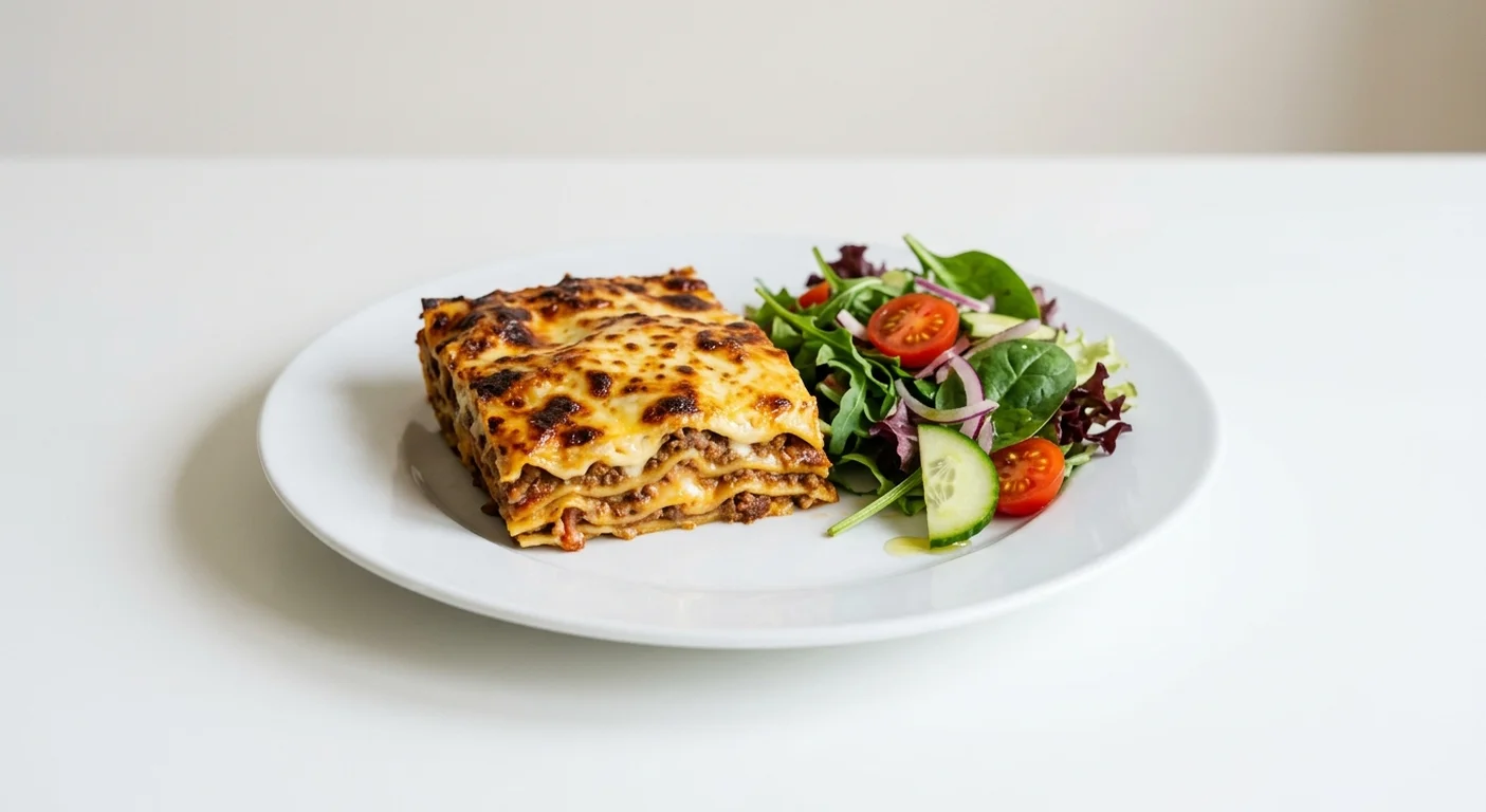Wetherspoon British Beef & Pancetta Lasagne with Side Salad, beef and pancetta lasagne with a side salad on a white plate, nutrition and calories