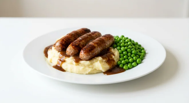 Wetherspoon Bangers and Mash, three pork sausages on mashed potato with gravy and peas on a white plate, nutrition and calories