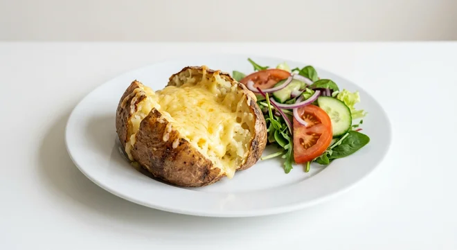 Wetherspoon Cheese Jacket Potato, jacket potato with grated cheddar, with a side salad on a white plate, nutrition and calories
