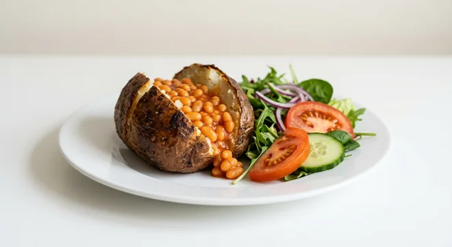 Wetherspoon Baked Beans Jacket Potato, jacket potato with baked beans, with a side salad on a white plate, nutrition and calories