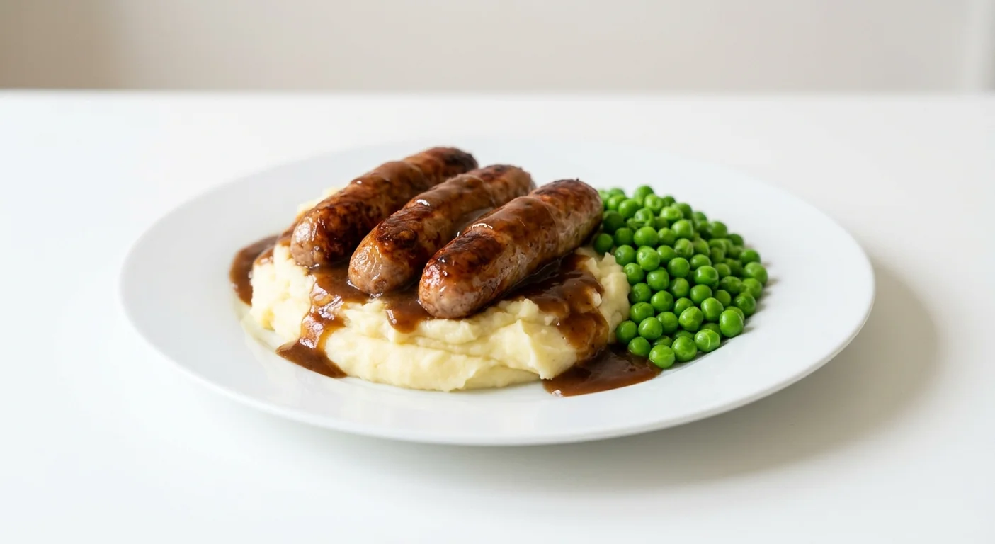 Wetherspoon Bangers and Mash, three pork sausages on mashed potato with gravy and peas on a white plate, nutrition and calories