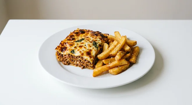 Wetherspoon British Beef & Pancetta Lasagne with Chips, beef and pancetta lasagne with chips on a white plate, nutrition and calories