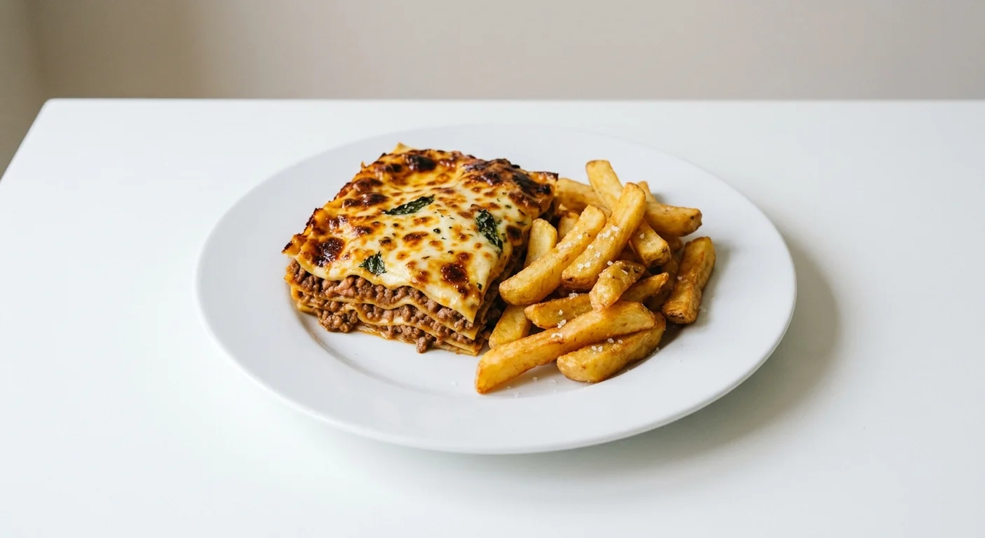 Wetherspoon British Beef & Pancetta Lasagne with Chips, beef and pancetta lasagne with chips on a white plate, nutrition and calories