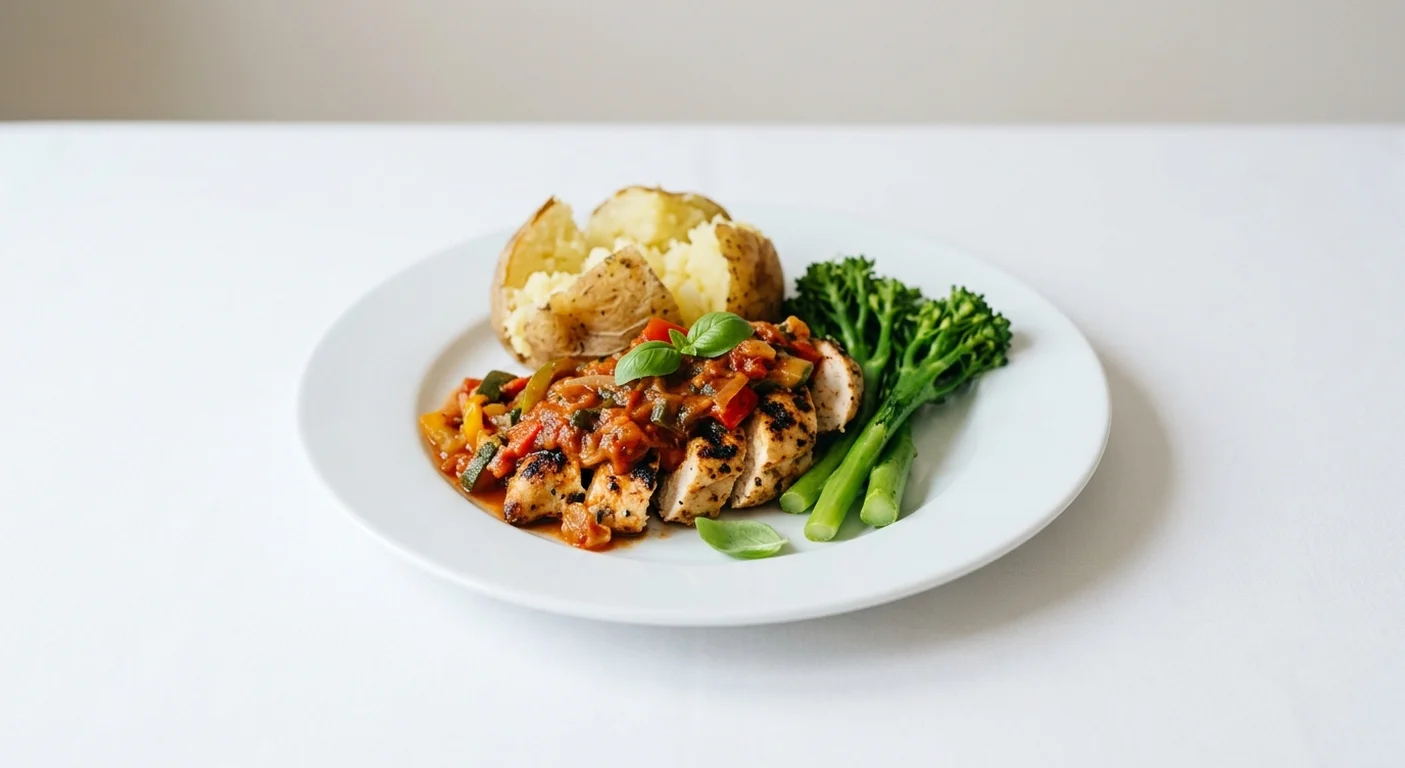 Wetherspoon Chicken Pomodoro with Jacket Potato, grilled chicken in pomodoro sauce with a jacket potato and tenderstem broccoli on a white plate, nutrition and calories
