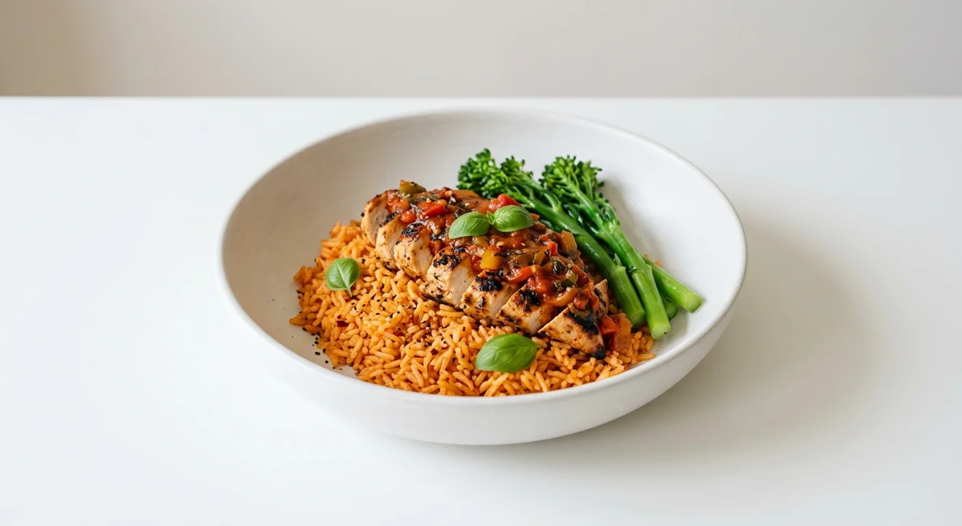 Wetherspoon Chicken Pomodoro with Spicy Rice, grilled chicken in pomodoro sauce with spicy rice and tenderstem broccoli in a white bowl, nutrition and calories