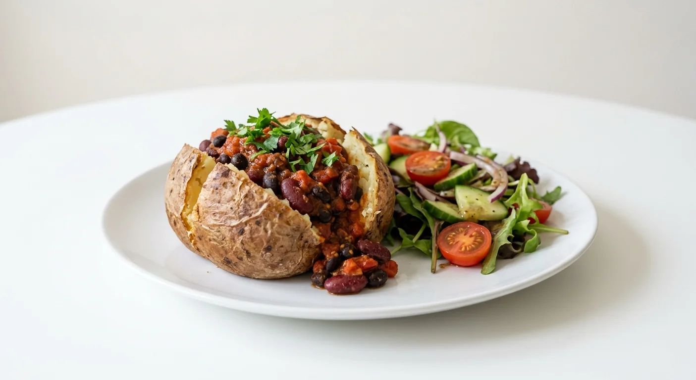Wetherspoon Chilli Bean Non-Carne Jacket Potato, jacket potato with chilli bean non-carne, with a side salad on a white plate, nutrition and calories