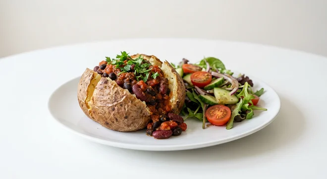Wetherspoon Chilli Bean Non-Carne Jacket Potato, jacket potato with chilli bean non-carne, with a side salad on a white plate, nutrition and calories