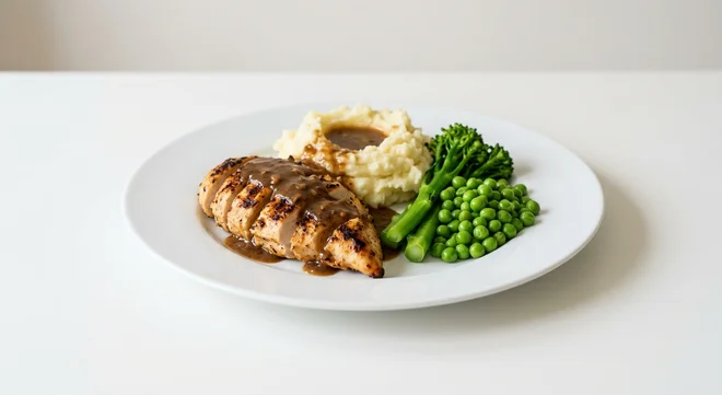 Wetherspoon Chicken and Tenderstem Broccoli, sliced grilled chicken breast with gravy, mashed potato, tenderstem broccoli and peas on a white plate, nutrition and calories