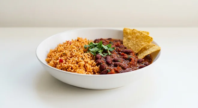 Wetherspoon Chilli Bean Non-Carne, chilli bean non-carne with spicy rice and tortilla chips in a white bowl, nutrition and calories