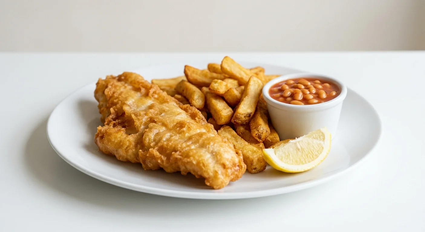 Wetherspoon Haddock and Chips with Beans, battered haddock and chips with baked beans and a lemon wedge on a white plate, nutrition and calories