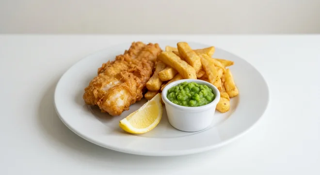 Wetherspoon Small Cod and Chips with Mushy Peas, battered cod and chips with mushy peas and a lemon wedge on a white plate, nutrition and calories