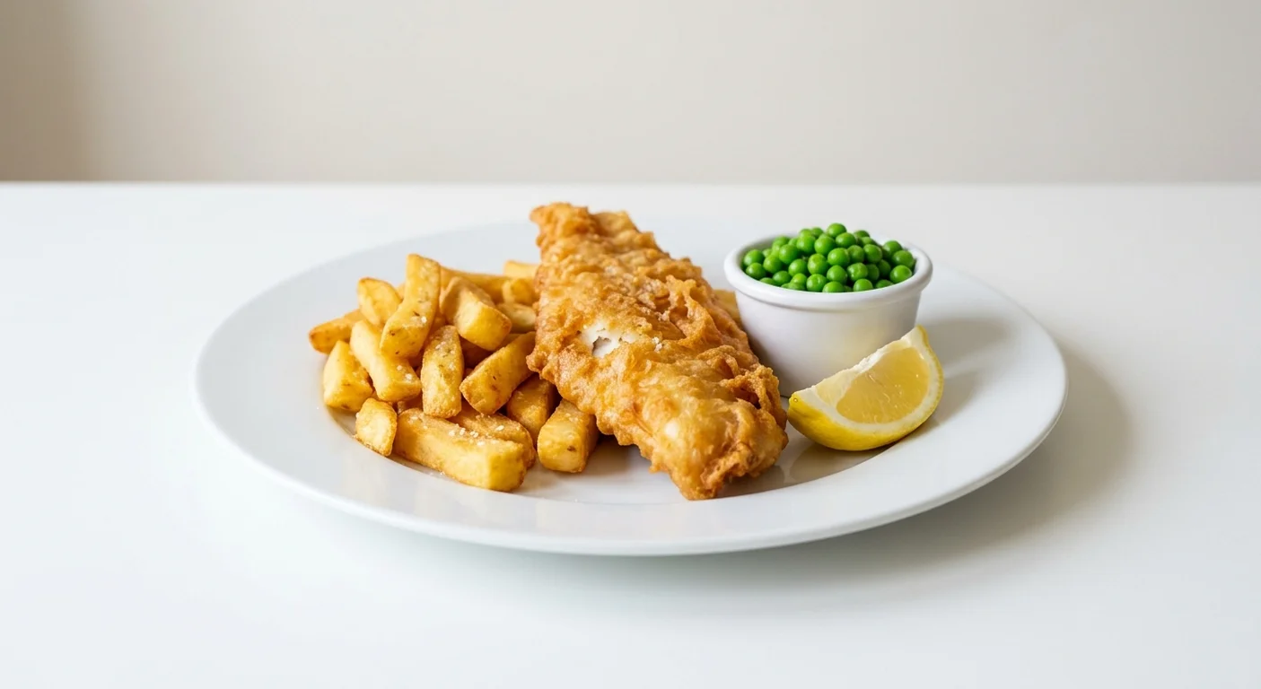 Wetherspoon Cod and Chips with Peas, battered cod and chips with garden peas and a lemon wedge on a white plate, nutrition and calories