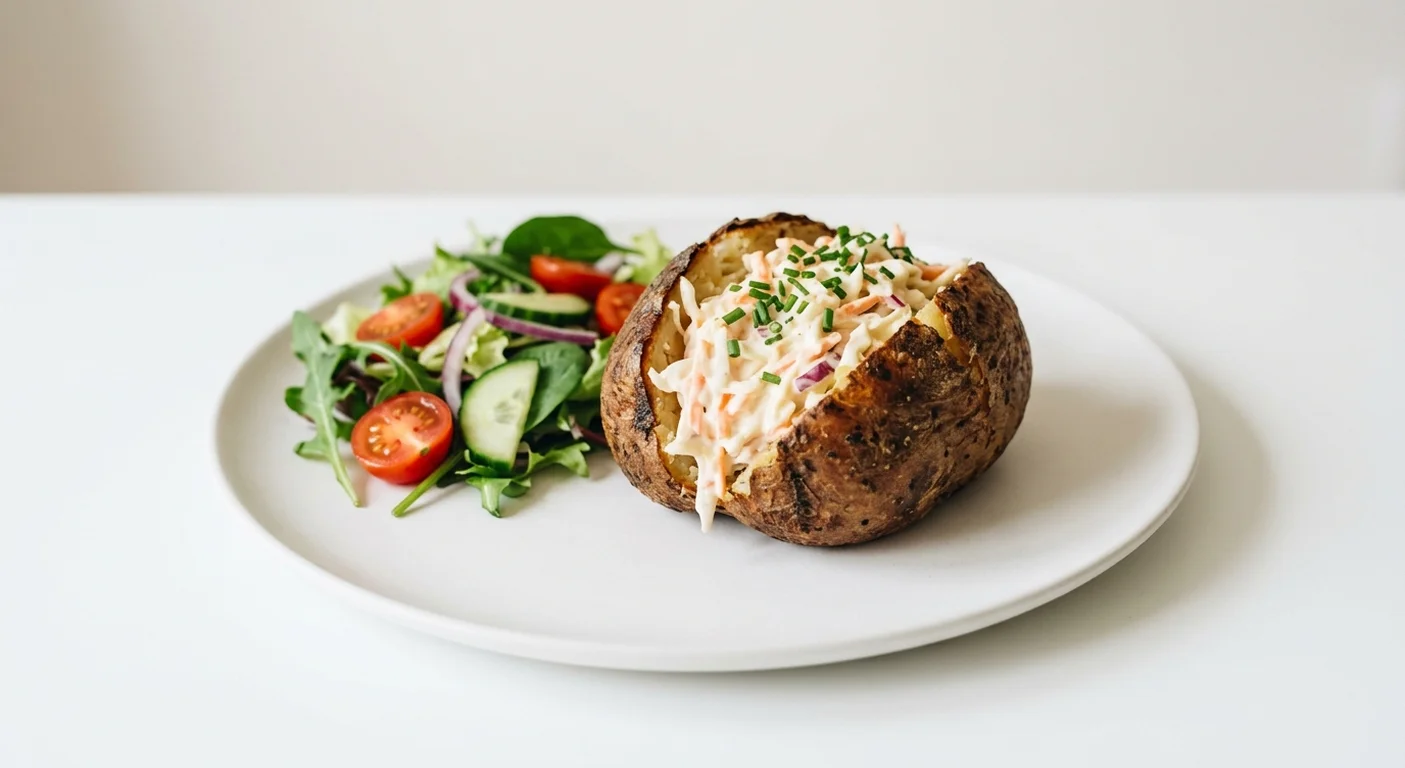 Wetherspoon Coleslaw Jacket Potato, jacket potato with coleslaw, with a side salad on a white plate, nutrition and calories
