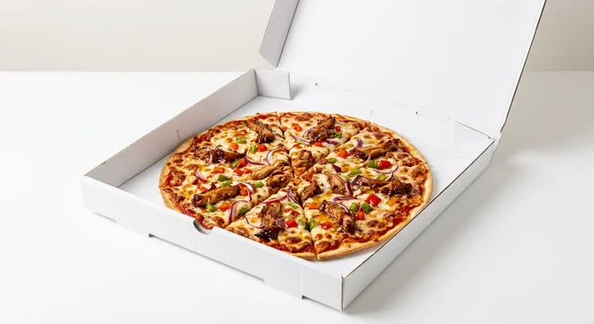 Domino's The Ultimate Honey Chilli Chicken (Thin & Crispy), whole Thin & Crispy pizza with honey chilli chicken, peppers and red onion in a takeaway pizza box, nutrition and calories