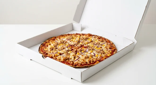 Domino's Tuna Supreme (Thin & Crispy), whole Thin & Crispy pizza with tuna, red onion and sweetcorn in a takeaway pizza box, nutrition and calories