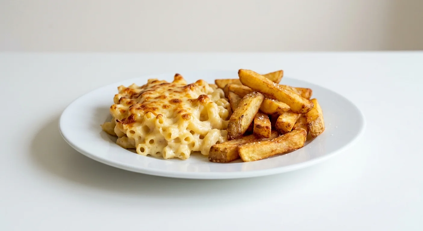 Wetherspoon Macaroni Cheese with Chips, baked macaroni cheese with chips on a white plate, nutrition and calories