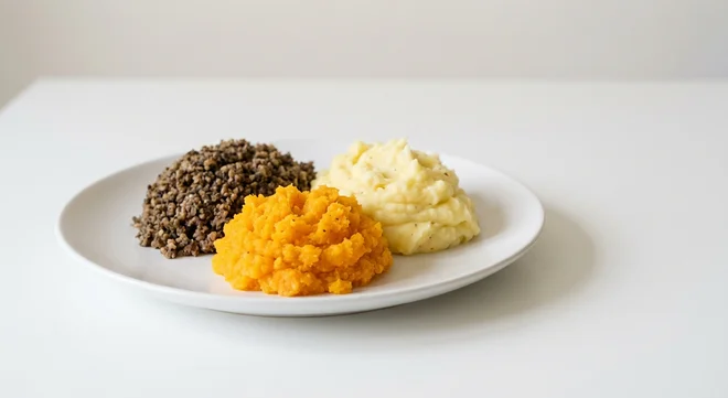Wetherspoon Haggis, Neeps and Tatties, haggis with mashed swede and mashed potato on a white plate, nutrition and calories
