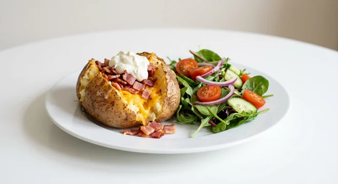 Wetherspoon Loaded Spud, jacket potato loaded with cheese, bacon and sour cream, with a side salad on a white plate, nutrition and calories