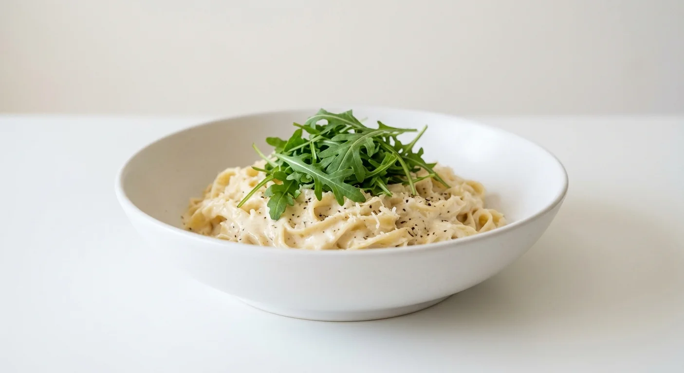 Wetherspoon Pasta Alfredo, creamy pasta Alfredo topped with rocket in a white bowl, nutrition and calories