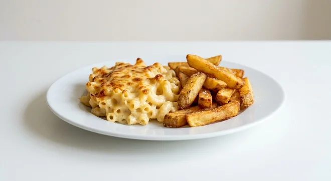Wetherspoon Macaroni Cheese with Chips, baked macaroni cheese with chips on a white plate, nutrition and calories