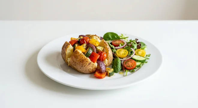 Wetherspoon Mediterranean Vegetables Jacket Potato, jacket potato with roasted Mediterranean vegetables, with a side salad on a white plate, nutrition and calories