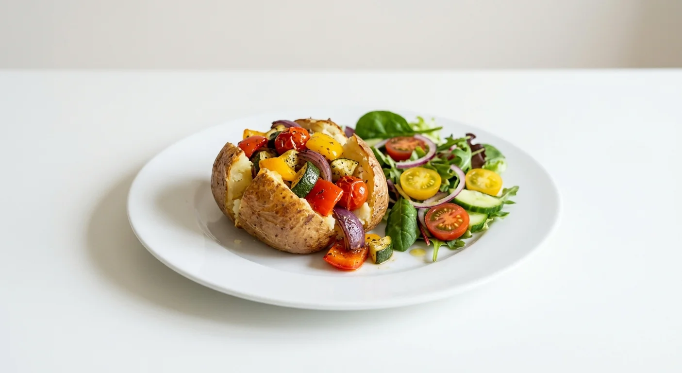 Wetherspoon Mediterranean Vegetables Jacket Potato, jacket potato with roasted Mediterranean vegetables, with a side salad on a white plate, nutrition and calories