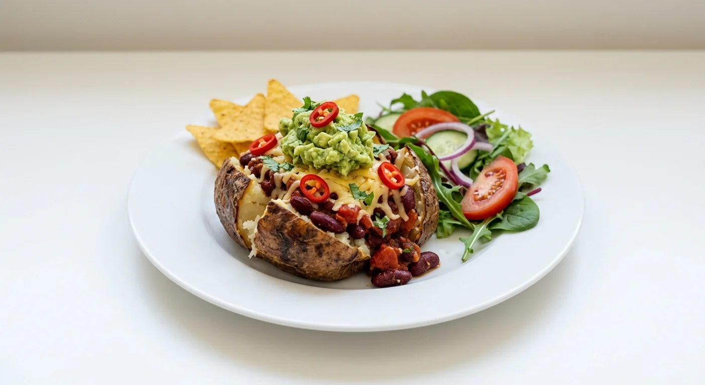 Wetherspoon Mexican Spud, jacket potato with chilli beans, guacamole and tortilla chips, with a side salad on a white plate, nutrition and calories