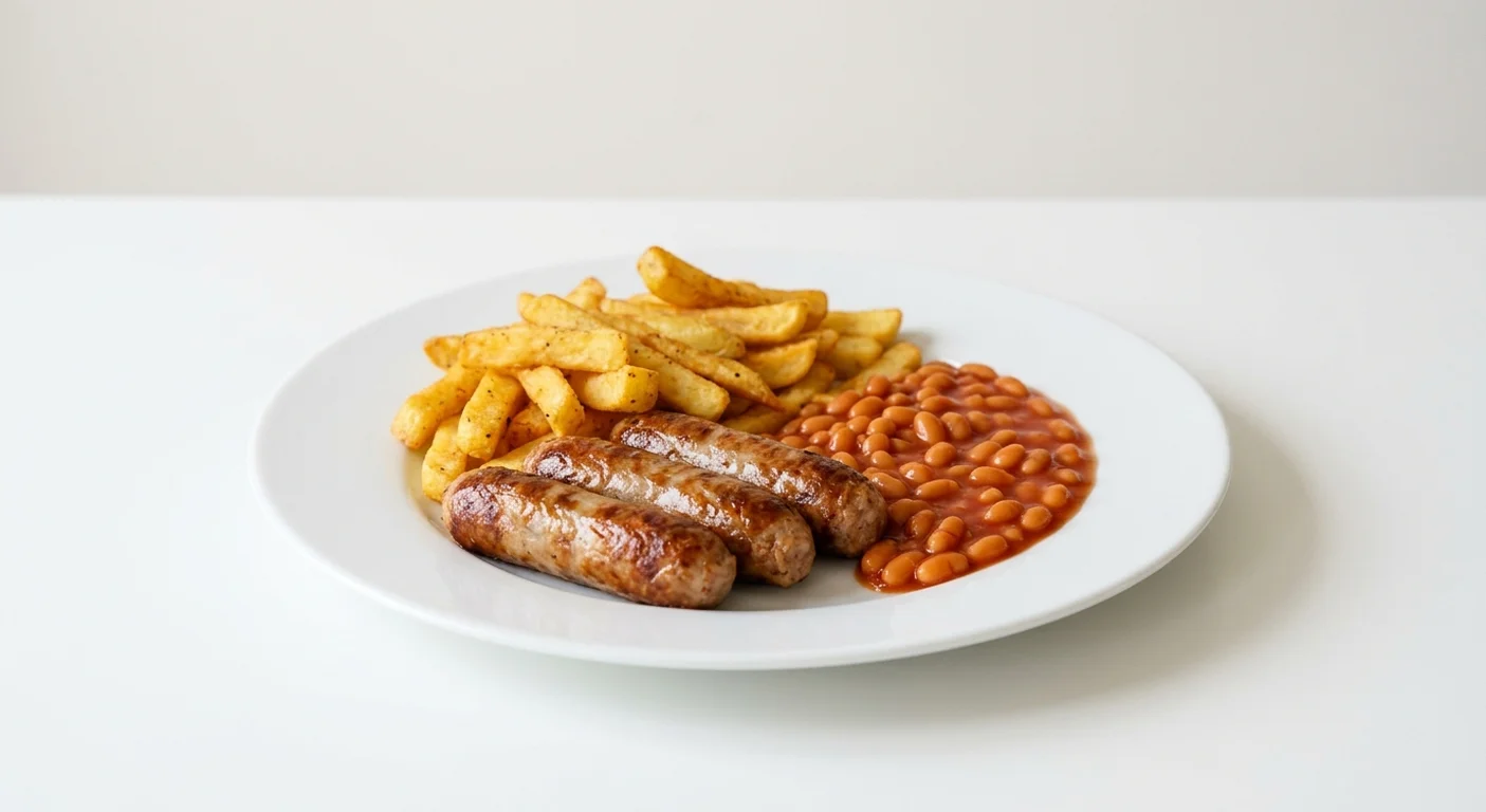 Wetherspoon Sausages, Chips and Beans, three pork sausages with chips and baked beans on a white plate, nutrition and calories