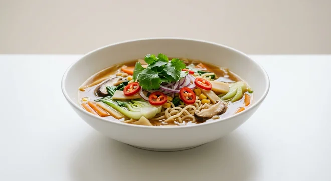 Wetherspoon Ramen Noodle Bowl, vegetable ramen noodle soup with red onion, chilli and coriander in a white bowl, nutrition and calories