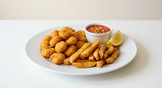 Wetherspoon Whitby Scampi and Chips with Beans, breaded scampi and chips with baked beans and a lemon wedge on a white plate, nutrition and calories