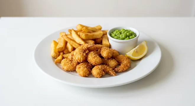 Wetherspoon Small Whitby Scampi and Chips with Mushy Peas, breaded scampi and chips with mushy peas and a lemon wedge on a white plate, nutrition and calories