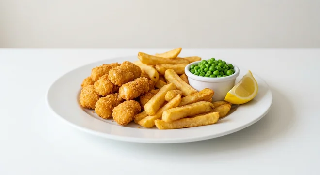 Wetherspoon Whitby Scampi and Chips with Peas, breaded scampi and chips with garden peas and a lemon wedge on a white plate, nutrition and calories