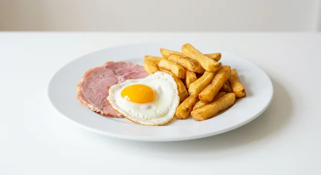 Wetherspoon Small Wiltshire Cured Ham, Egg and Chips, sliced Wiltshire ham with a fried egg and chips on a white plate, nutrition and calories