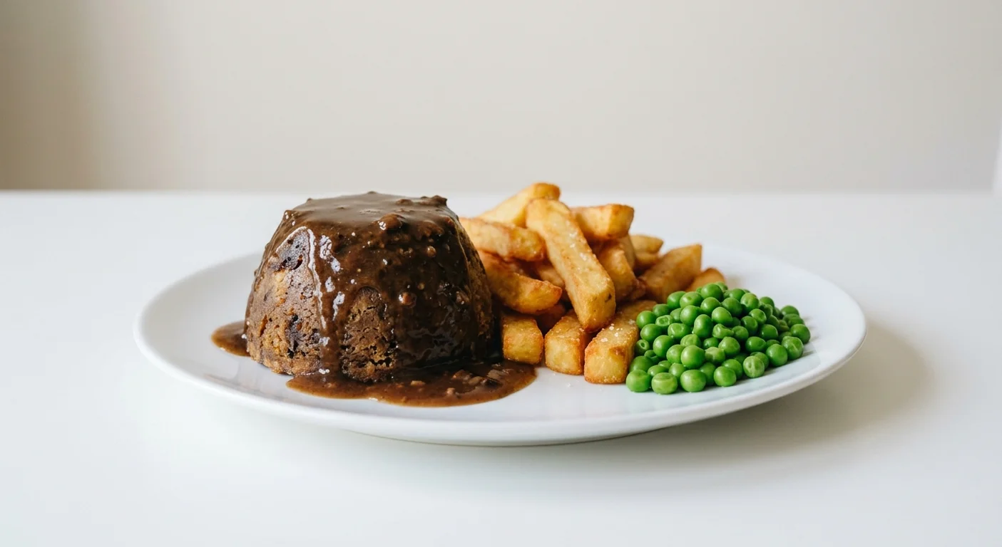 Wetherspoon Steak & Ale Pudding with Chips, steak and ale suet pudding with gravy, chips and peas on a white plate, nutrition and calories