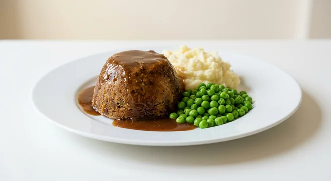 Wetherspoon Steak & Ale Pudding with Mashed Potato, steak and ale suet pudding with gravy, mashed potato and peas on a white plate, nutrition and calories