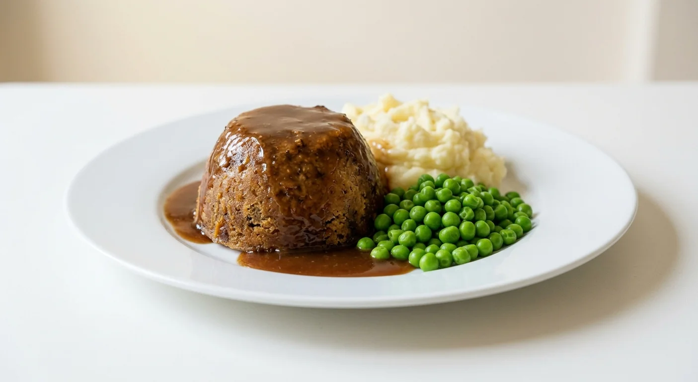 Wetherspoon Steak & Ale Pudding with Mashed Potato, steak and ale suet pudding with gravy, mashed potato and peas on a white plate, nutrition and calories